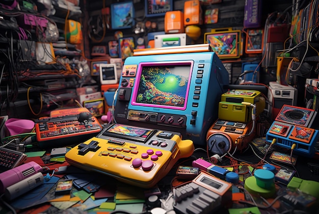 Spelconsoles in de stijl van ultraviolette fotografie beeple cryptopunk 8k 3d caras ionut licht violet en magenta Generatieve AI