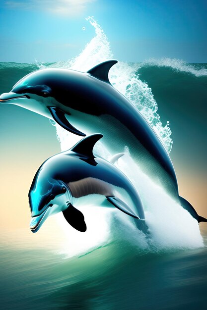 Spelende dolfijnen Dolfijnen breken uit het water Digitale kunst