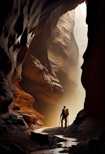 Foto speleologo che esplora una grande grotta con l'ia generatrice di acqua