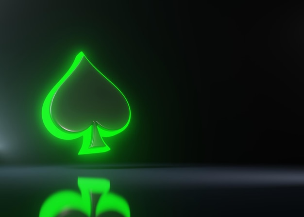 Spelkarten symbool schoppen met futuristische groene gloeiende neonlichten op zwarte achtergrond 3D-rendering