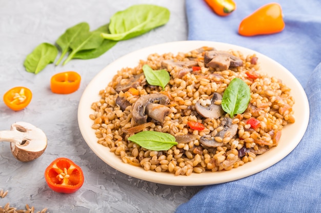 Spelt (dinkel wheat) porridge with vegetables and mushrooms on ceramic plate on a gray concrete surface. Side view, selective focus.