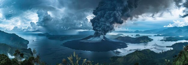 Photo spewing smoke and dark grey clouds over the island