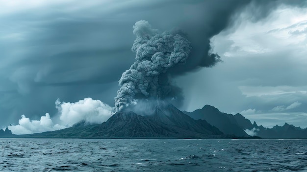 Photo spewing smoke and dark grey clouds over the island