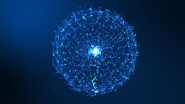 Sphere abstract dark blue digital data system nodes and connection paths.