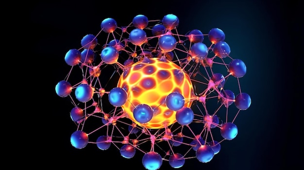a sphere of blue and yellow spheres with a glowing center