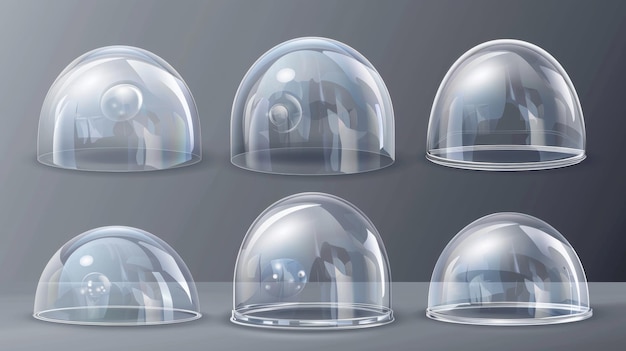 Фото Сферическая крышка из прозрачного стекла реалистичная современная иллюстрация глянцевого пластикового пузырькового щита в форме шара и цилиндра контейнер из плексигласа, заполненный пустыми банкушками