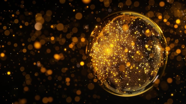 a sphere of gold particles with a black background with a glowing sphere