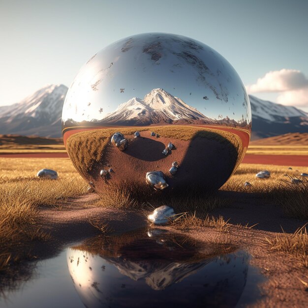 Photo sphere lying on top of the desert floor a big crystal glass ball 8k photo