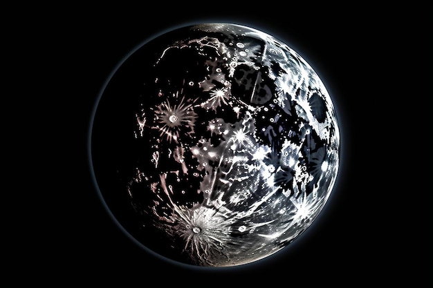 a sphere of a planet with a black background and the moon in the middle.