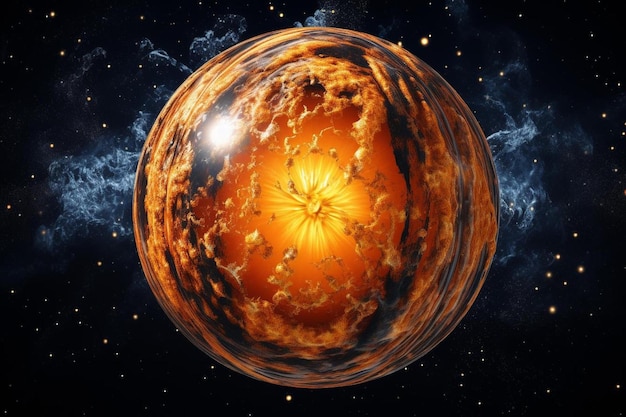 A sphere of a planet with a star in the center and the words fire on the center.