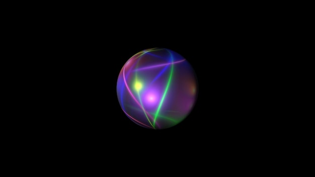 黒い空間の 3 d レンダリングのモダンな背景に明るいネオンラインを持つ球