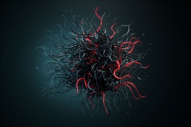 Sphere with chaotic structure, abstract molecule, virus, bacterium, COVID-19. Futuristic shape with tentacles. 3D render, 3D illustration.