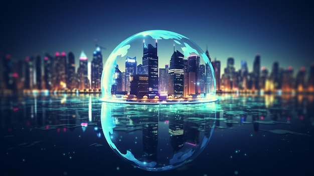 a sphere with a city in the background.