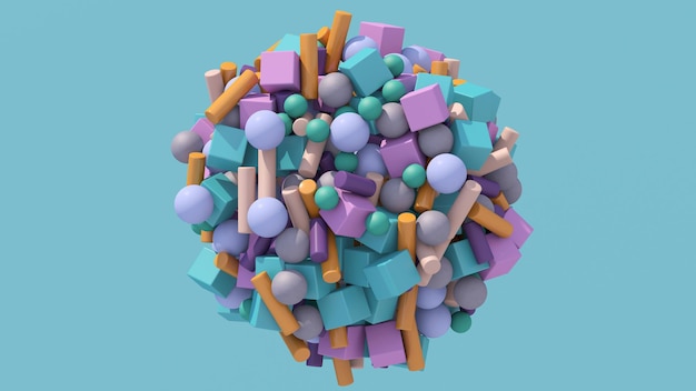 Фото Сфера с разноцветными шарами, кубиками, цилиндрами. абстрактная иллюстрация, 3d визуализация.