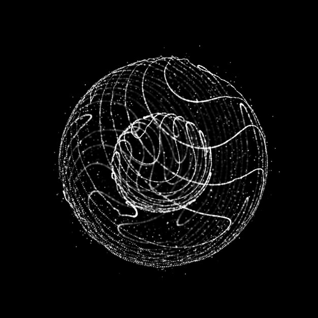 Sphere with curved lines of particles on a black background\
twisting glowing lines global network connection futuristic\
technology style 3d rendering