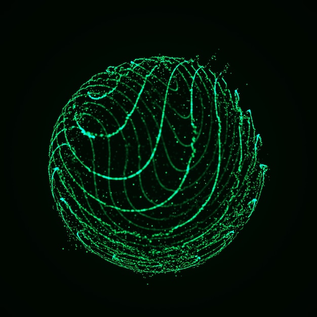 Sphere with curved lines of particles on a green background Twisting glowing lines Global network connection Futuristic technology style 3D rendering