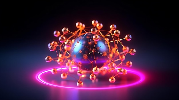 a sphere with a network of spheres and a neon ring