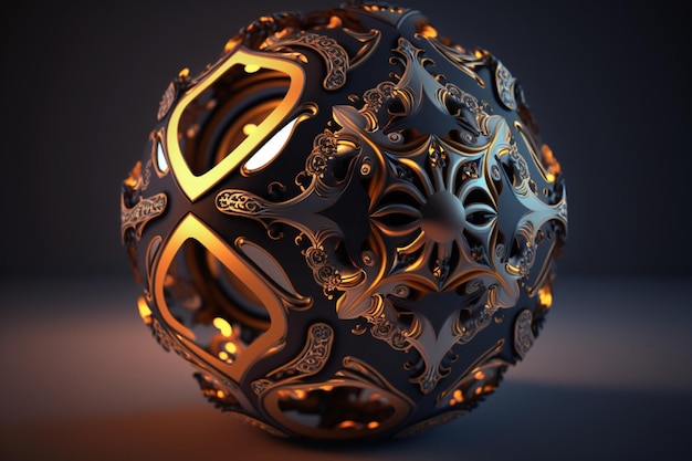 A sphere with a pattern of hearts and the word skull on it