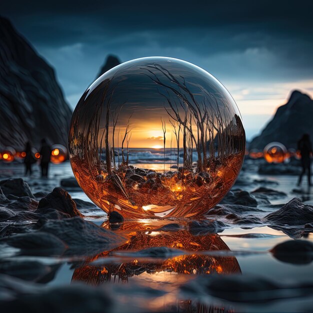 Photo a sphere with a reflection of trees in it and a sunset in the background