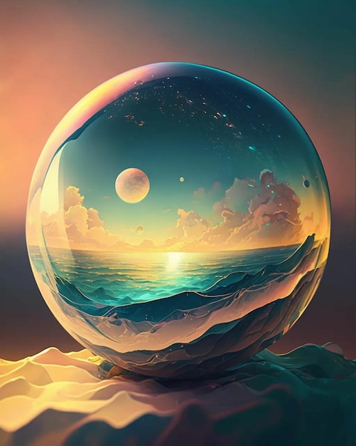A sphere with a sunset and the ocean in it.