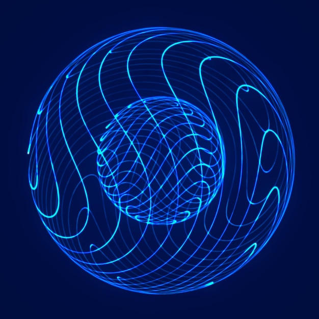 ツイストラインの球体 ワイヤフレーム技術の青い球体 3Dレンダリング