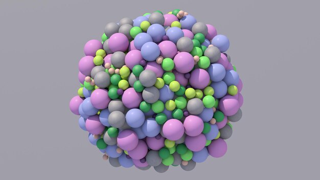 紫、緑、青、ベージュ、灰色のボールで球。抽象的なイラスト、3Dレンダリング。