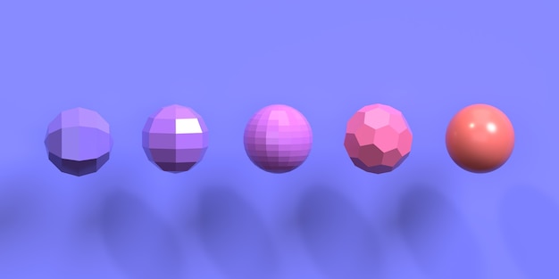 Spheres and polyhedra with projected shadow on a violet background Decorative image