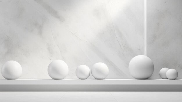 Spheres on white sunlit backdrop abstract background