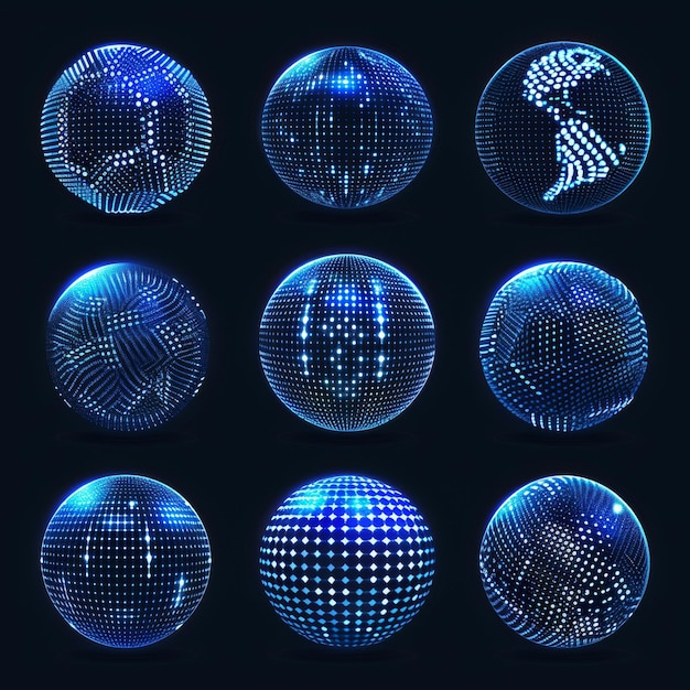 Photo spheres with light dots virtual reality mesh balls with particles set of abstract glowing blue spheres