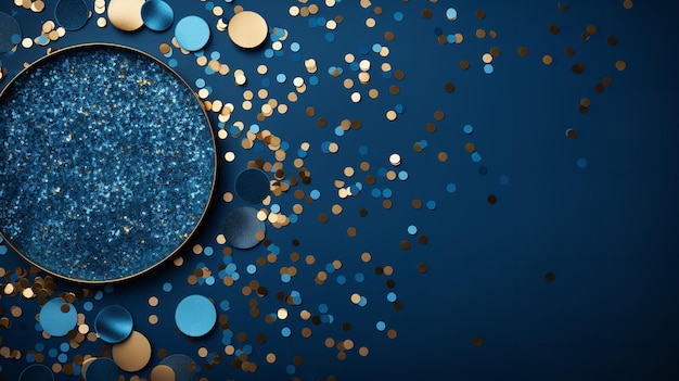 A sphereshaped frame with gold and blue confetti set against a blue backdrop generative ai