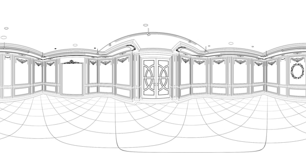 내부 윤곽 시각화 3D 그림 스케치 개요의 구형 파노라마