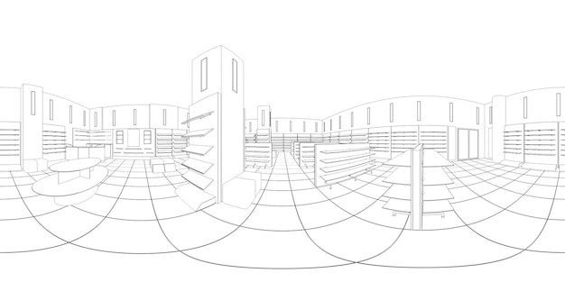 сферический панорамный рендер магазина, контурная визуализация, 3D иллюстрация, эскиз, контур