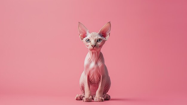 Sphinx cat on pink background looking at camera with whiskers