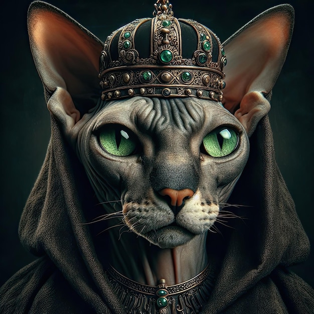 Sphinx cat with green eyes king in a cloak monarch