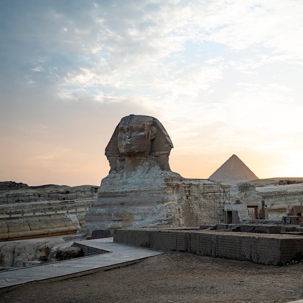 The Sphinx in Giza pyramid complex at sunset