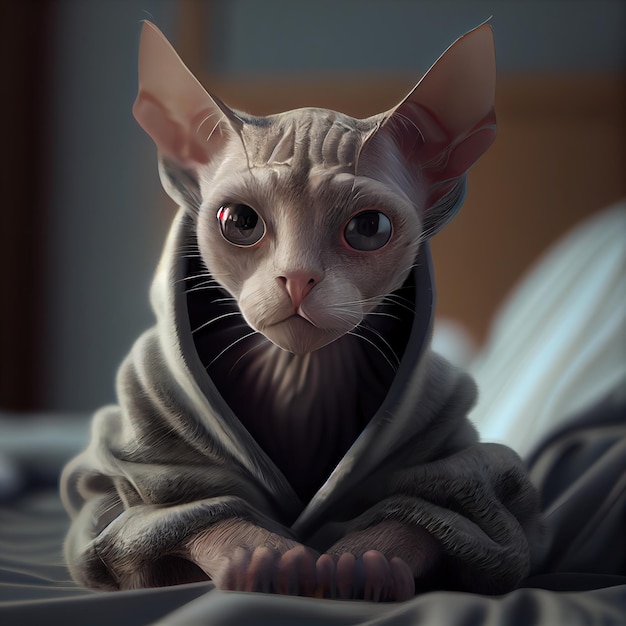 Sphynx cat lies in bed at home Generative AI