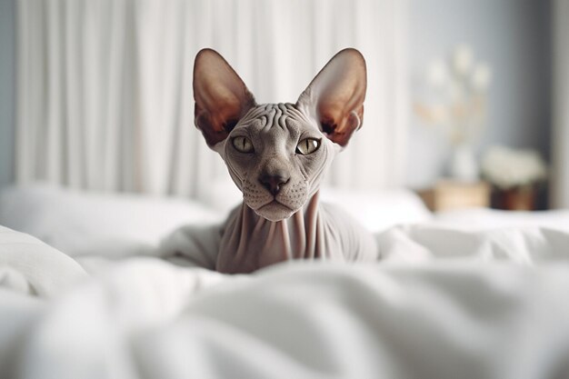 Sphynx cat lying on the bed with white sheets