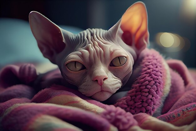 Sphynx cat snuggled up in a fuzzy blanket Generative AI