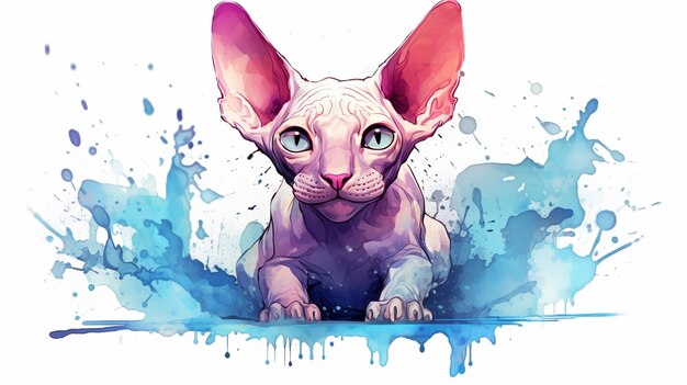 Sphynx cat in watercolor splashes Vector illustration