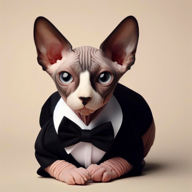 Sphynx cat wearing tuxedo on color background ai generative