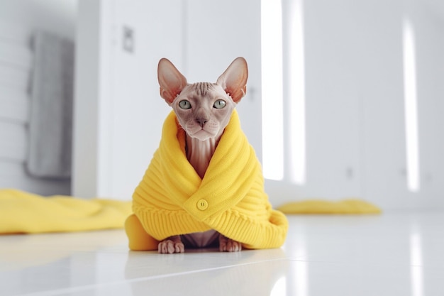 Кошка-сфинкс в желтой одежде сидит дома на полу