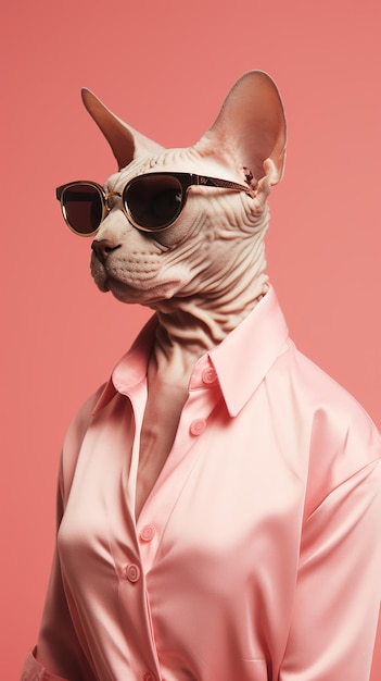 Sphynx kat op roze achtergrond stijlvolle pose
