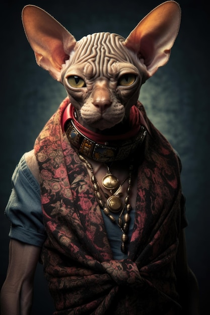 A sphyte cat with a red scarf and a necklace ai