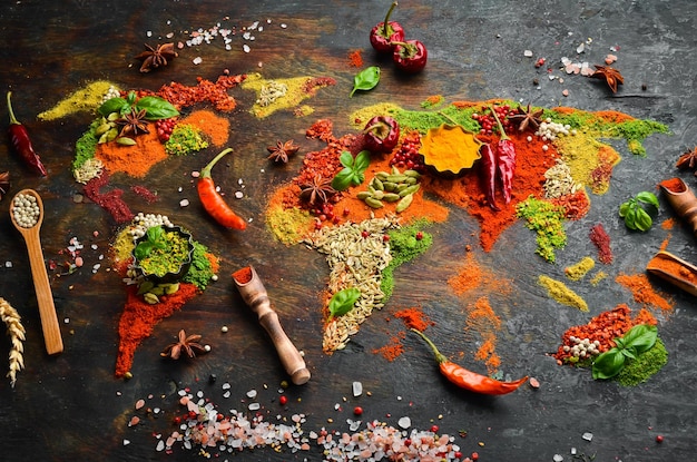 Spice banner De kaart van de wereld is gemaakt van verschillende kruiden en smaakmakers op een donkere achtergrond Bovenaanzicht