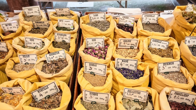 Spice counter at a market in Cannes, France