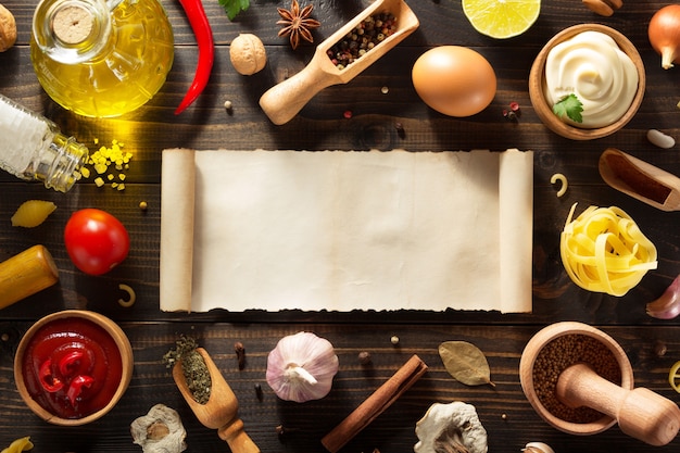 Spice and herb on wooden texture