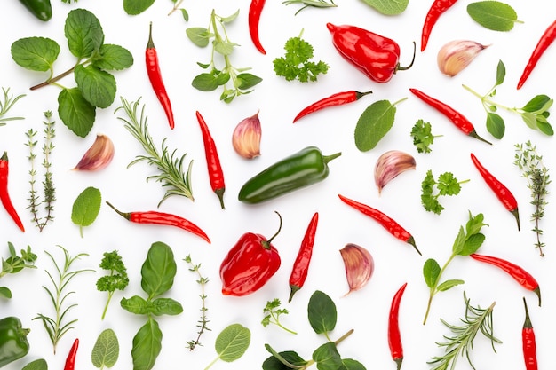 Spice herbal leaves and chili pepper isolated