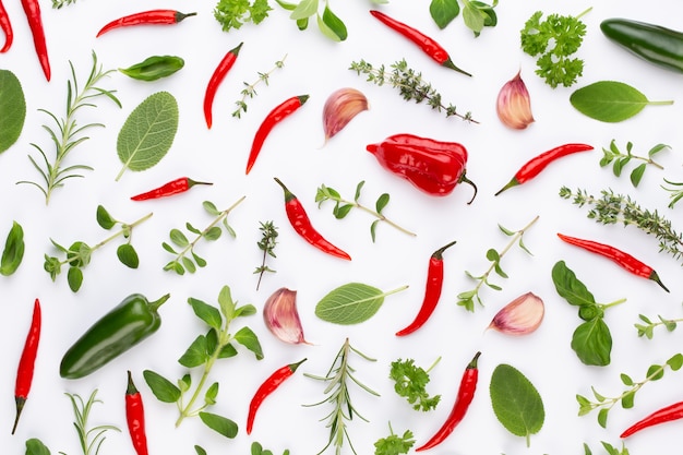 Spice herbal leaves and chili pepper on white background