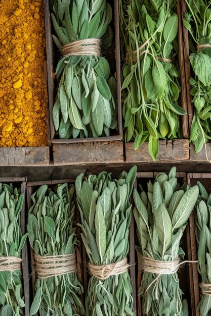 Photo spice market with fresh and dried sage leaves