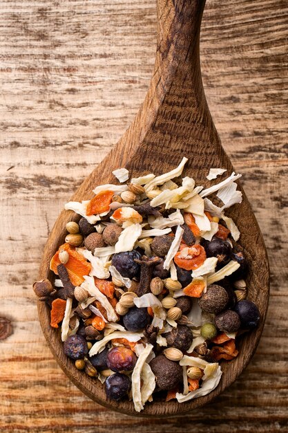 Spice mix a wooden spoon on a wooden background.